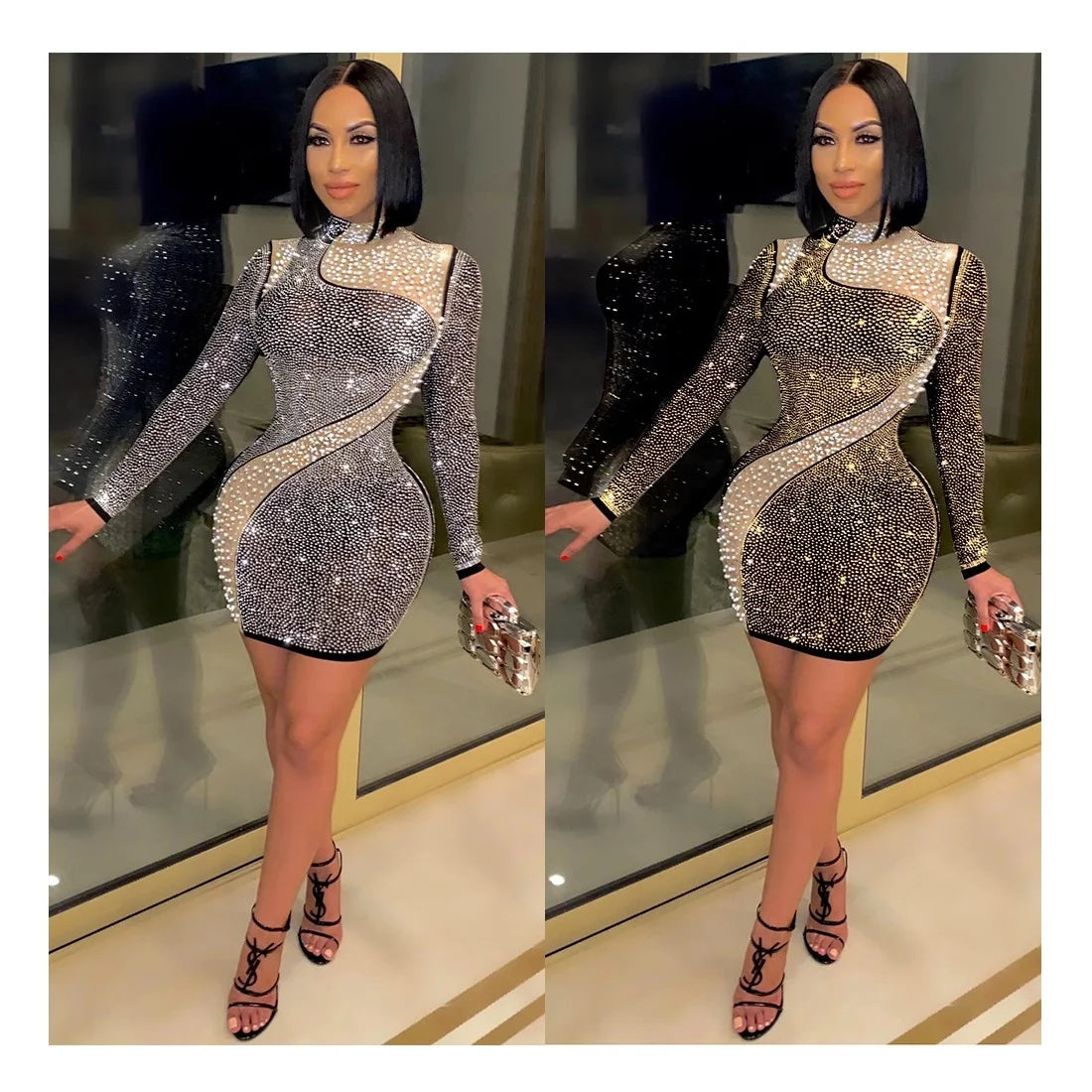 BH232 Women Sexy Hot Diamond Patchwork Pearl Evening Party Dress